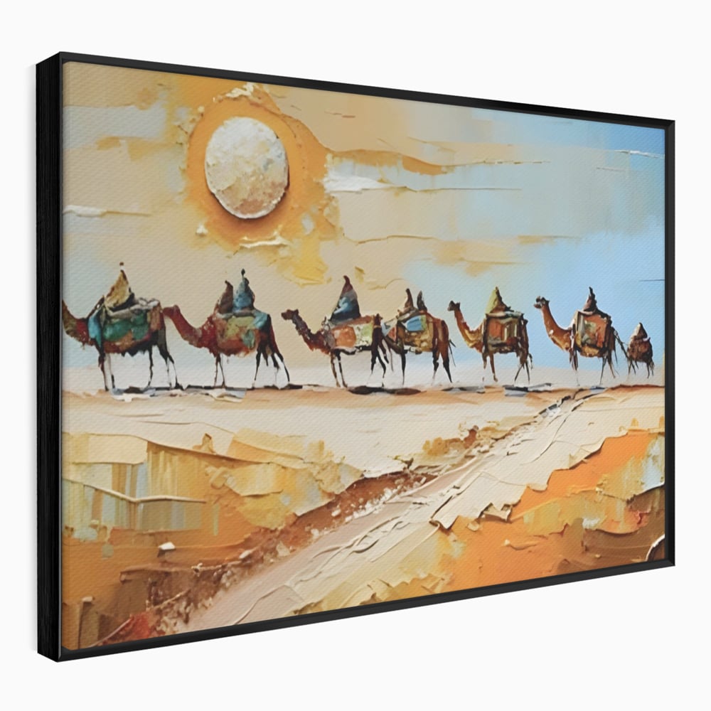 Tablou canvas cu pictura cu caravana de camile in desert, in rama de aluminiu negru